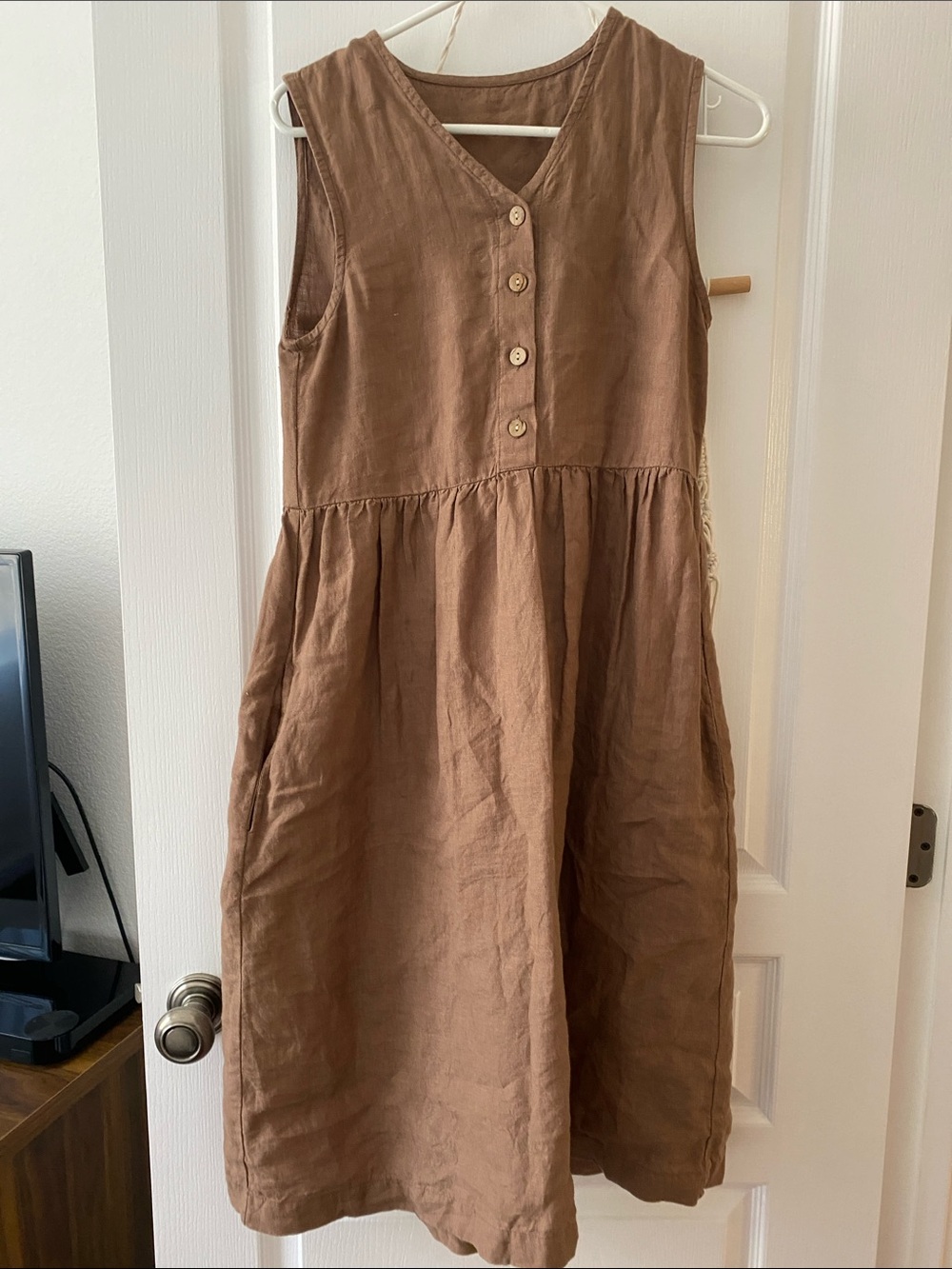 Brown linen v neck dress